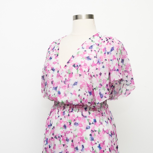 DKNY - Flutter Sleeve V-Neck Floral Chiffon Dress - Picture 9 of 10